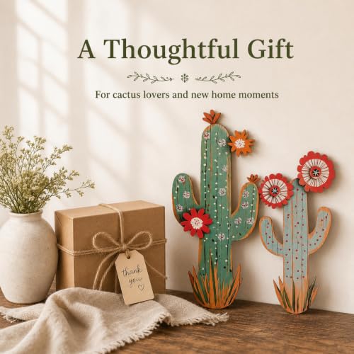 flangairy 15.7in Layered Cactus Wall Decor, Set of 2 Wooden Cactus Flower Picture Southwestern Wall Art, Western Room Bathroom Bedroom Nursery Kitchen Decorations for Home