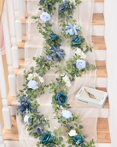 Waipfaru 2Pcs Flower Garland Decorations, Wedding Table Floral Rose Garland for Table Centerpieces Backdrop Wall, Eucalyptus Greenery Vines for Party Room Decor (Dusty Blue) - color: Dusty Blue-6.07ft, size: 2 Pack