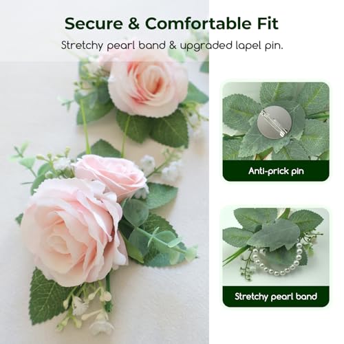 Elegant Corsage and Boutonniere Set, Artificial Rose Wrist Corsage with Pearl Bracelet & Men's Lapel Pin, Matching Faux Flowers for Prom, Homecoming, Wedding, Bride and Groom - color: Pink