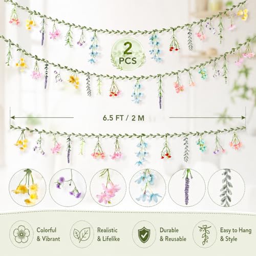 2 PCS 6.5 Ft Artificial Flower Banner Spring Wildflower Garland Hanging Flowers for Decoration Floral Backdrop for Bridal Shower Home - color: Green