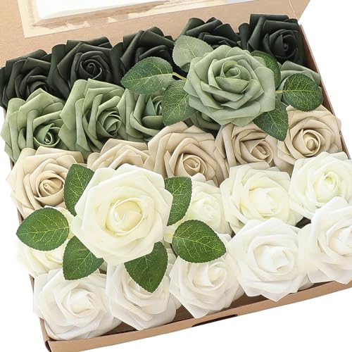 Floroom Artificial Flowers 25pcs Real Looking Emerald Green Ombre Colors Foam Fake Roses with Stems for DIY Wedding Bouquets Bridal Shower Centerpieces Sage Green Floral Arrangements Tables Decoration - color: Shades of Emerald & Tawny Beige