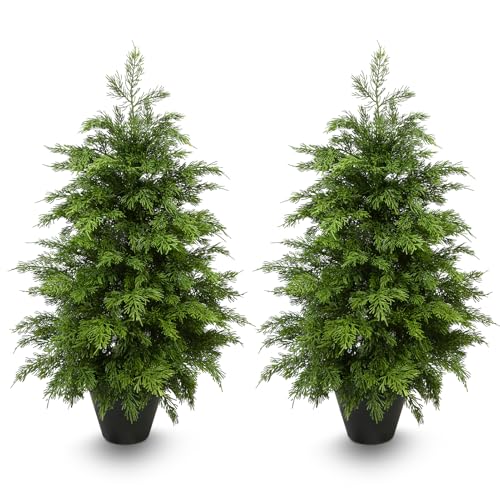 2ft Artificial Cedar Topiary Trees 2 Pack,Real Touch Cedar Tree Faux Plants Potted UV Resistant Evergreen Tree for Outdoor Indoor Door Garden Farmhouse Home Decoration - size: 2ft