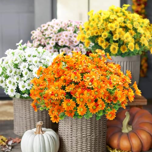 10pcs Outdoors Artificial Mum Flowers UV Resistant Daisy Fake Silk Chrysanthemum Greenery Faux Eucalyptus Plants for Spring Summer Garden Patio Window Box Planter Home Decor(Yellow) - color: Yellow