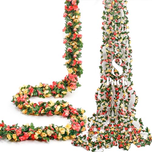 Miracliy 8Pcs 66FT Flower Garland, Orange and Champagne Artificial Rose Floral Vines Fake Hanging Spring Flower Garland for Wall Backdrop Wedding Arch Tea Party Door Mantle Decoration - color: Yellow-8pcs