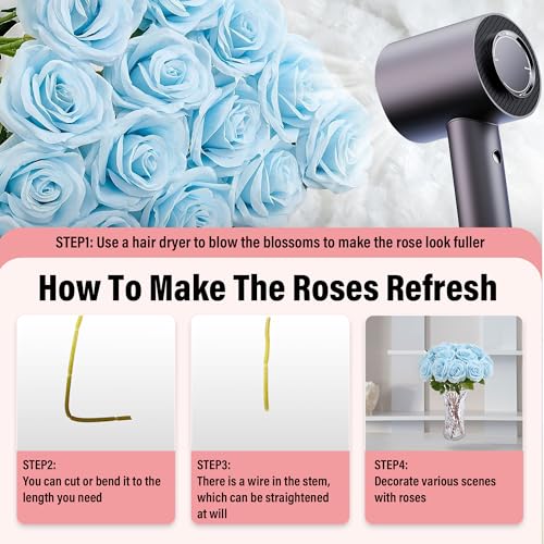 20PCS Artificial Roses with Long Stems - Realistic Silk Flowers, Fake Roses Real Touch Bouquet of Roses for Home Decor, Bridal Wedding Party Table Centerpieces, Bulk Faux Rose Flowers ( Sky Blue ) - color: Sky Blue, size: 20 PCS