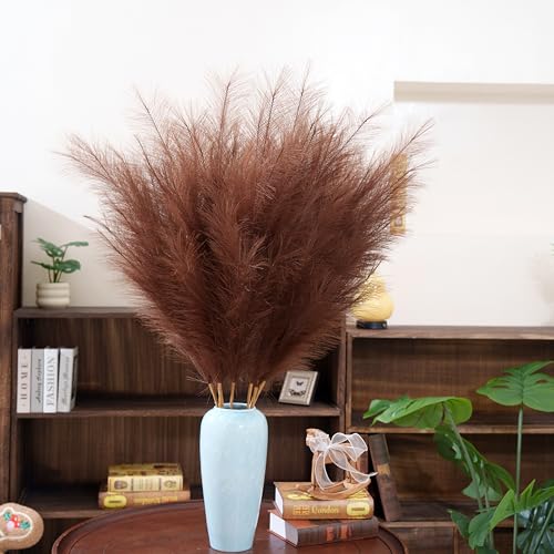 Premium Faux Brown Pampas Grass – 43.3" Tall Fluffy Decor, 8pcs 18-Branch One-Piece Stems No Assembly, Luxury Silk-Feel Feather Flowers for Boho Rustic Modern Home Decor (Cocoa Brown, 8 Stems / 110cm) - color: Faux Brown, size: 8pcs 43.3"(110cm)