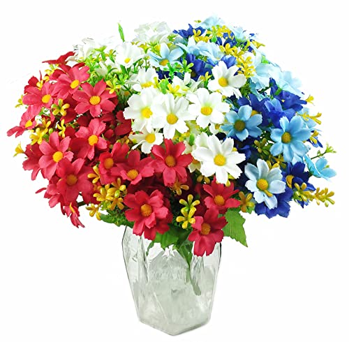 Artificial Daisy Flowers 6 Bundles UV Resistant Fake Silk Flowers No Fade Outdoor Flowers for Wreath Garden Porch Front Door Window Box (Red, White & Blue) - color: Red, White & Blue