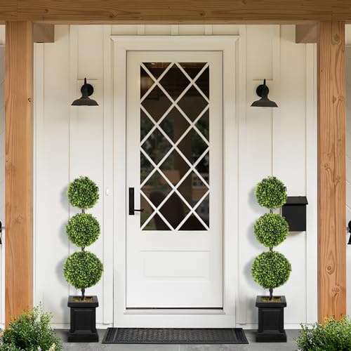 3.5ft Boxwood Outdoor Topiary Set of 2, Tall All Year Green Fake Plant Topiary Trees Artificial Outdoor Porch Trees with Sturdy Pot for Outdoor Indoor (Ball)