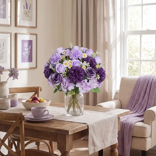 Tigeen 6 Pcs Bundles Artificial Bouquet Flowers Artificial Peonies Faux Roses Hydrangea Flowers Bouquet for Wedding Table Centerpiece Floral Vase Decor (Light Purple,Dark Purple) - color: Light Purple, Dark Purple