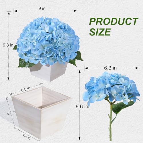 Artificial Hydrangea Flowers Arrangement in Wood Planter, 4PCS Fake Blue Flowers in Wooden Vase Potted Floral Centerpieces for Tables Living Room Home Office Room Shelf Kitchen Decor - color: Light Blue Hydrangea