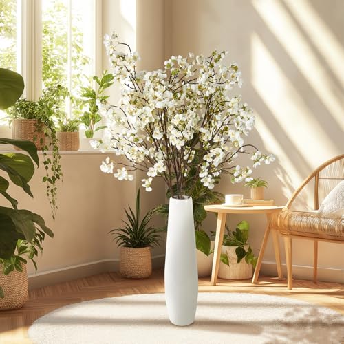 6 Pcs Artificial Cherry Blossom Flower Branches, Realistic Long Stem Silk Cherry Blossom Tree Stems Faux Cherry Flowers Vase Arrangements for Wedding Home Party Garden Decor (White) - color: White