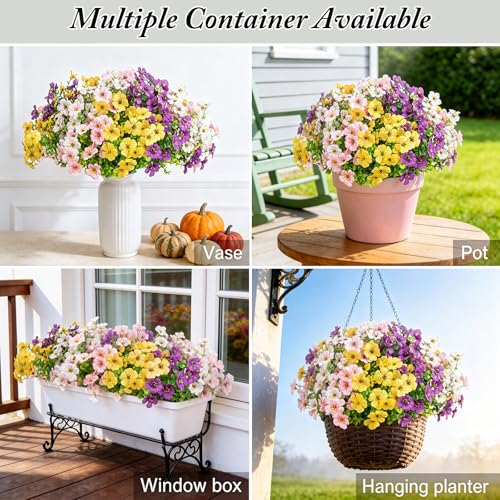 Artificial Flowers for Outdoors Decoration for UV Resistant Silk,16 Bundles | Artificial Violet Flowers for Spring Outdoor Decor, Realistic Fake Plants for Porch,Garden,Window Box,Vase Mix 6 Colors - color: Purple White Yellow Pink