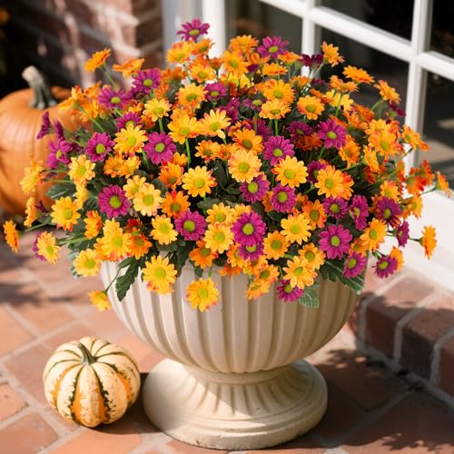 Fake Mums Spring Artificial Flowers for Outdoor Decoration, 6 Bundles Faux Silk Daisy Flowers Realistic UV Resistant No Fade Fake Plants for Home Patio Porch Garden Window Box Decor(Purple Orange) - color: Purple Orange