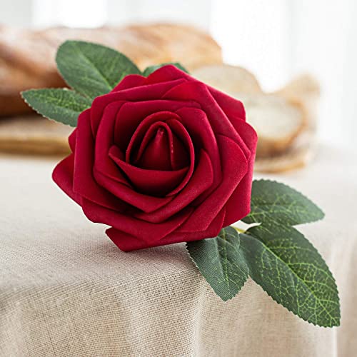 25pcs Artificial Flower Foam Rose Real Touch Roses Flower Heads with Stem for DIY Wedding Bouquets Centerpieces Arrangements Party Baby Shower Home Decor (Dark Red) - color: Dark Red