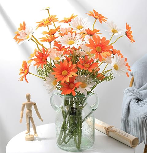 NatureMan Artificial Flowers 12 Bundles Artificial Silk Daisy UV Resistant Outdoor Fake Wildflowers with Stems Daisy Arrangements for Home Hotel Office Garden Decoration (White,Orange) - color: White,orange