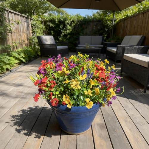 Artificial Flowers for Outdoors, 14 Bundles UV Resistant Fake Silk Flowers with Greenery Grass Lavendar Faux Plants Planter for Summer Decoration Porch Patio Yard Home Decor - color: Mixd Colors With Lavender Greenery Grass