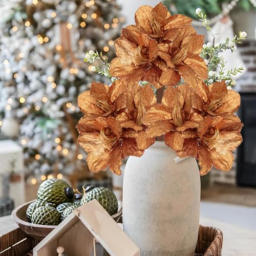 Briful Amaryllis Artificial Christmas Flower Stems, 19.7" Bronze Glitter Faux Amaryllis with Detachable Heads for Xmas Home Party Wedding Bouquet Vase Arrangement Decor - color: Bronze