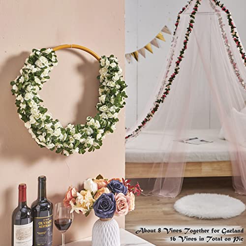 PONKING 8 Pcs x 8.2 ft Flower Garland Artificial Rose Vine Flowers with Green Leaves Hanging Fake Roses Vine for Room Party Home Wedding Birthday Christmas Wall Arch Decor, Spring White Flower - color: Spring-white-8pcs, size: 8 Vines 66FT