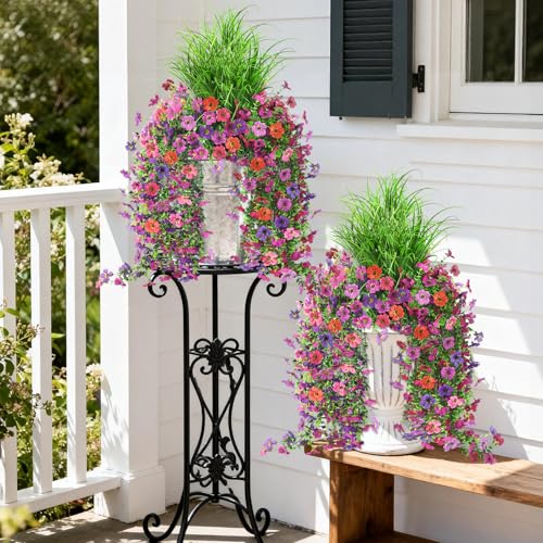 Artificial Hanging Flowers with Wheat Grass for Outdoors, 5 Pcs Fake Hanging Plants for Spring Decor, UV Resistant Faux Silk Flower Greenry for Planter Porch Patio Yard Garden(Mixd Purple Red) - color: Z Mixd Purple Red With Grass