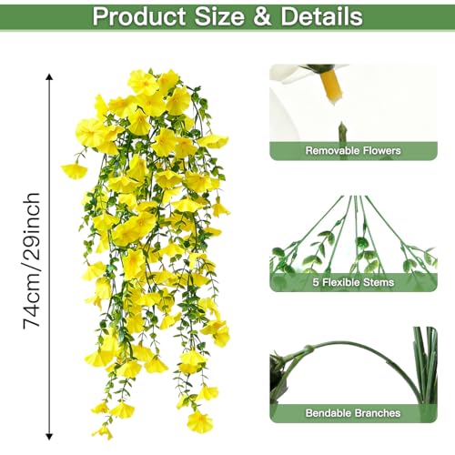 Artificial Flowers for Outdoors Fake Morning Glory Hanging Flower Decoration, 4 Pcs Realistic Faux Plants Petunias Trailing Vines, Spring Summer Decor for Porch Patio Balcony Planter Yard(Yellow) - color: Yellow, size: 4 Pcs