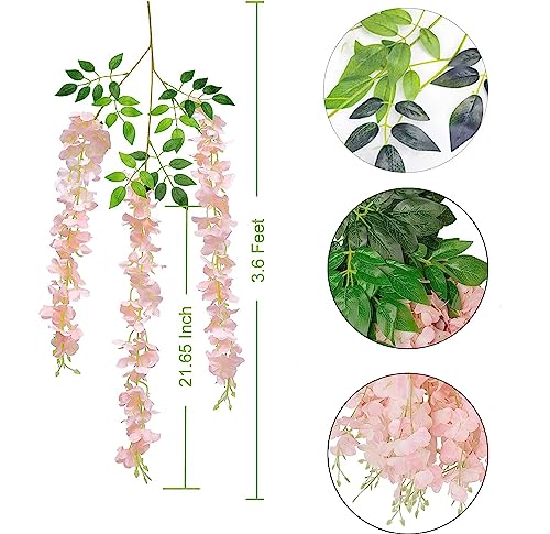 36pcs Artificial Wisteria Flowers 3.6 Feet/Piece Pink Dense Artificial Fake Wisteria Vine Ratta Hanging Garland Silk Flowers String Home Party Wedding Decor（Pink-Dense） - color: Pink, size: 36 PCS