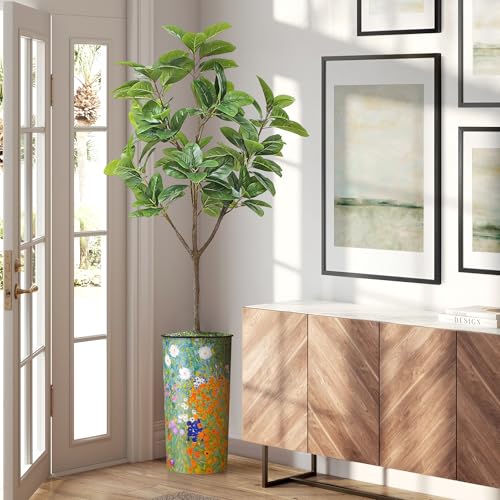 Artificial Tree in Colorful Flower Pattern Planter, Fake Magnolia Tree for Indoor and Outdoor Home Decoration - 70" Overall Tall (Plant Pot Plus Tree) - style: Magnolia Tree