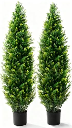 Artificial Topiary Cedar Tree, 60 inch Tall (2 Pieces), outdoor artificial tree Pot Faux Evergreen Fake Pine Cypress Trees Plant, UV Rated Artificial Greenery Set for Outdoor Indoor Front Porch Garden - color: 5ft