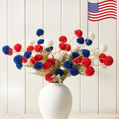 Red White and Blue Artificial Flower Arrangement 12 Stems with American Flag, 4th of July Table Decorations Centerpiece for Patriotic Home Decor, Independence Day Party, Memorial Day Decor - color: Red/White/Blue