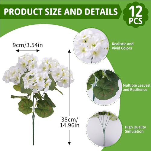 12Pcs Geraniums Artificial Flowers Realistic Outdoor 15" White Silk Geraniums for Outdoors UV Resistant Look Real Fake Flowers for Planters Garden Porch Patio Balcony Cemetery Table Decor - color: White-12pcs