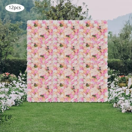 12 Pcs Artificial Flower Wall Panels Silk Dahlia Rose 3D Faux Flower Backdrop Panels Background Decorative for Wedding Celebrations Festive Party Home, 23.62 * 15.74in (Pink-2) - color: Pink-2