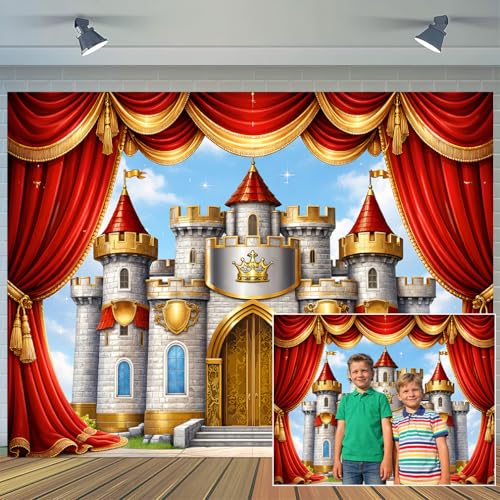 6X4ft Castle Backdrop Red Gold Stage Curtain Royal Noble Castle Photography Background Baby Shower Birthday Party Cake Table Decor Medieval Themed Photo Booth Props Wall Decor Banner - color: Multi13, size: 6X4FT
