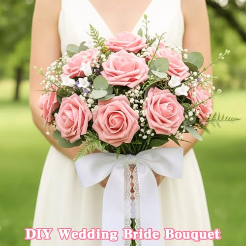 Artificial Flowers, 25pcs Blush Pink Fake Roses with Stems for DIY Wedding Decor Bridal Bouquets Party Centerpieces, Foam Artificial Roses for Home Flower Arrangement Craft Table Decoration - color: Blush Pink