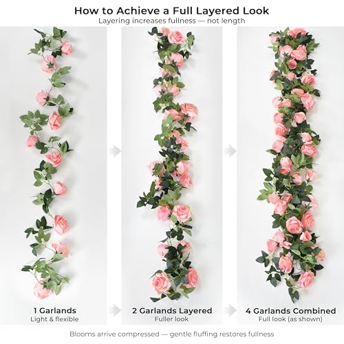 FiveSeasonStuff Amaranth Pink Artificial Rose Garlands, Four Separate Faux Flower Vines with Greenery - color: Amaranth Pink