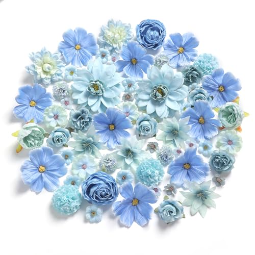 Fake Flowers Heads Bulk Blue Mini Artificial Silk Flower for Crafts, Small Artificial Daisy Roses Faux Flowers for Graduation Cap DIY Cake Wedding Party Home Garland Decoration - color: Blue