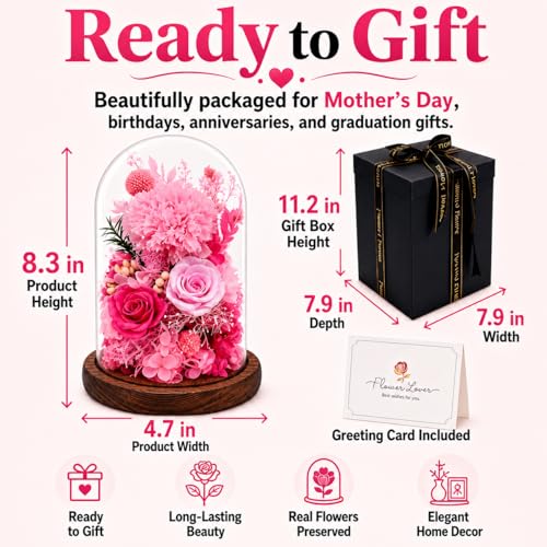 Preserved Flowers in Glass, Eternal Real Flowers with 1 Carnation & 2 Pink Roses for Women Mom Grandma Forever Rose Bouquet for Anniversary Birthday Mother's Day Lasts 3-5 Years(No Lights) - color: Light Pink