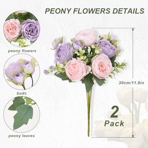 MARTINE MALL 2 Packs Peonies Artificial Flowers, Pinkish-Purple Artificial Peonies, Silk Peonies Flowers Fake Peonies Artificial Flowers Peonies Bouquet for Centerpiece Table Wedding Party Home Decor - color: Pinkish-purple, size: 2PCS