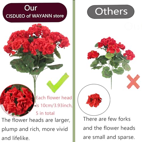 CISDUEO 4 Pcs Artificial Geranium Flowers for Outdoors Silk Geraniums Flowers Outdoor UV Resistant Red Fake Geranium Bush Faux Geraniums for Outdoor Planter Decor Indoor Garden Patio Table Centerpiece - color: Red