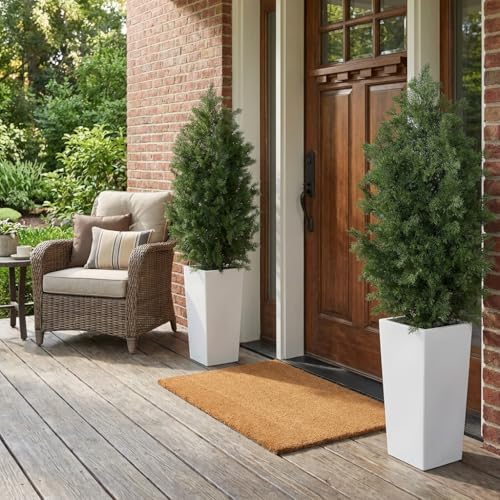 Aveyas 4ft Artificial Cedar Topiary Trees, 4 Feet Faux Potted Plants Evergreen Fake Pine Cypress Tree for Outdoor Porch Home Outside Door Decor (4 ft Tall Including Raised Pot) - Set of 2 Pack - color: Cedar Topiary Trees - 2 Pack (4ft)