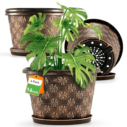 16 Inch Planter Pots for Plants, Plastic Large Flower Pots Indoor Outdoor, 4 Pack Resin Plant Pot with Drainage & Saucer, Retro Decorative Garden Pot with Removable Trays for House - color: 16 Inch