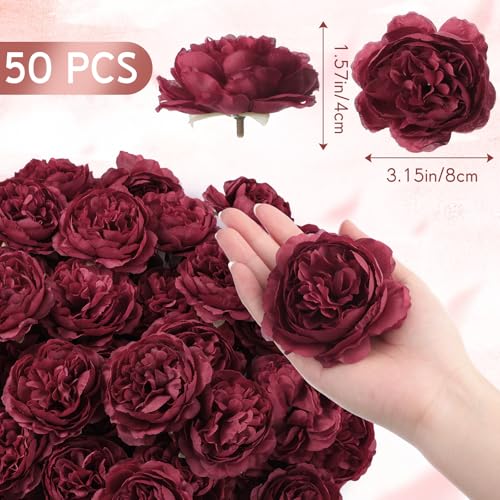 Thiccywoov 50 Pcs Artificial Flowers, 3.2 Inches Silk Rose Head Flowers Fake No Stem for Wedding Bridal Bouquet Home Floral Decor DIY Centerpieces Arrangements Party Tables Decoration(Burgundy) - color: Burgundy