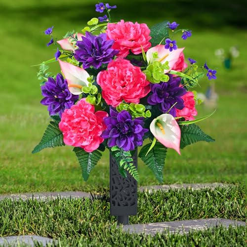 Dolicer Artificial Cemetery Flowers for Grave, Set of 2 Memorial Grave Flowers for Cemetery with Vase Realistic Silk Gravesites UV Resistant Peony Flowers Decorations (Red with Purple) - color: Purple-red