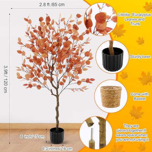 Giegxin 2 Pack 4ft Thanksgiving Day Artificial Eucalyptus Trees with Weaving Plant Baskets Faux Fall Stem with Eucalyptus Leaves Artificial Fall Tree Decor for Thanksgiving Porch Front Home Office - color: Dark Orange, style: Eucalyptus Leaves