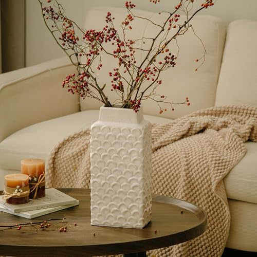 Ceramic Flower Vase, 12.6” Tall Rustic Farmhouse Decorative Vase for Home Decor, Beige Textured Pottery Vase for Pampas Grass, Living Room, Entryway, Mantel, Kitchen Table - color: 301-white