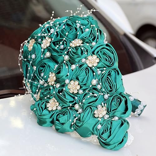Handmade Satin Rose Water Drop Bridal Bouquet,8.7inch Crystal Wedding Round Tossing Bouquet,Jewelry Proposal Bridesmaid Bouquet Groom Corsage Bride Wrist Flower Ivory (DarkGreen) - color: Darkgreen