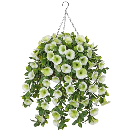 Oairse Artificial Morning Glory Flowers with Hanging Basket - Faux Morning Glory Vines UV Resistant Plastic Fake Flowers with Basket Plants for Home Porch Patio Balcony Garden Yard Spring Decor Green - color: Green, size: 23.6"