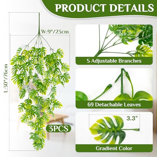 RAINFLOW 3PCS Fake Hanging Plants - 27.5" Uv Resistant Artificial Monstera Vines with 69 Ivy Leaves, Faux Monstera Plant for Wall Shelf Room Patio Garden Wedding Hawaiian Jungle Themed Party Decro - size: 27.5"
