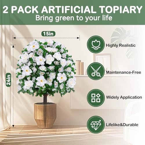 ENVEN Artificial Boxwood Topiary Ball Trees with Ground Spikes UV Resistant Faux Greenery Shrubs Fake Shrubs for Outdoors, Realistic Faux Plants Bushes for Garden Porch Yard Patio Decor (White) - color: White