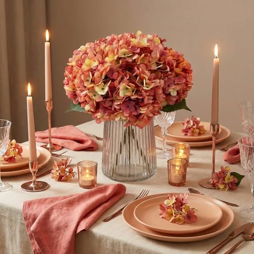 5Pcs Artificial Fake Flowers Plants Silk Hydrangea 1 Flower Head Arrangements Wedding Bouquets Decorations Plastic Floral Table Centerpieces Home Kitchen Garden (Dusty Pink) - color: Dusty Pink&green