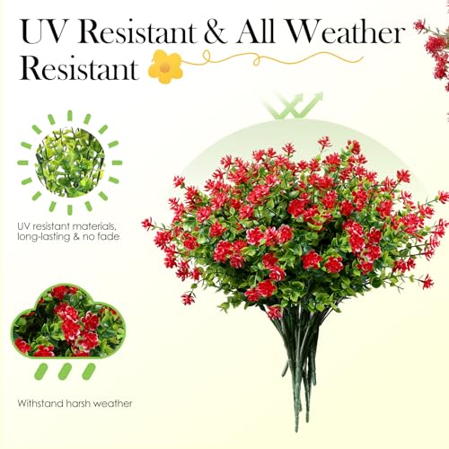 12 Pack Artificial Flowers & Plants for Outdoor Decor - Faux Eucalyptus & Lavender Greenery Shrubs - Fake Plants for Garden, Porch, Patio, Cemetery - Spring & Autumn Home Decoration - color: Red
