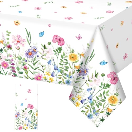 1Pcs Spring Floral Plastic Tablecloth,Pink Purple Blue Flower Butterfly Disposable Table Cover for Home Decor Summer Spring Picnic Dining Holiday Weeding Birthday Tea Party Decorations,54x108 Inch - size: 108" x 54" (Rectangular)